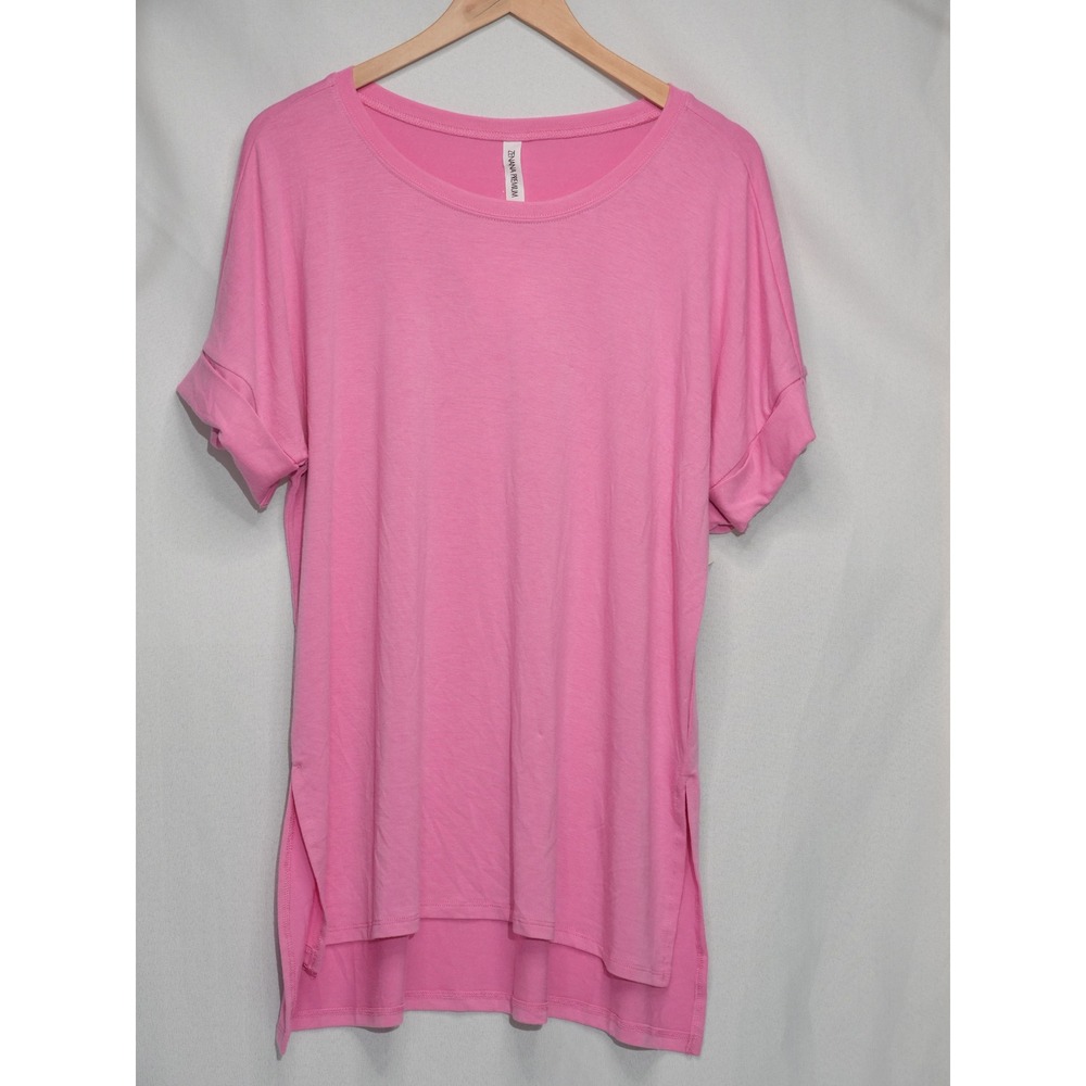 Zenana Tunic Top Womens Medium Pink‎ Short Sleeve High Low Hem Crew Neck